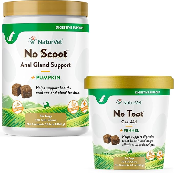 NaturVet – No Toot Gas Aid For Dogs – 70 Soft Chews | Alleviates Intestinal Gas | Helps Reduce Stool & Urine Odors | & No Scoot for Dogs - 120 Soft Chews - Supports Healthy Anal Gland & Bowel Function