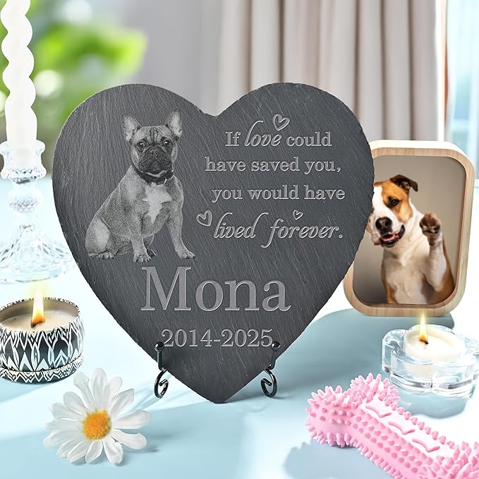 Pet Memorial Stone with Photo, Dog Memorial Gifts for Loss of Dog, Personalized Pet Memorial Gifts, Pet Loss Gift - Lived Forever（Heart）