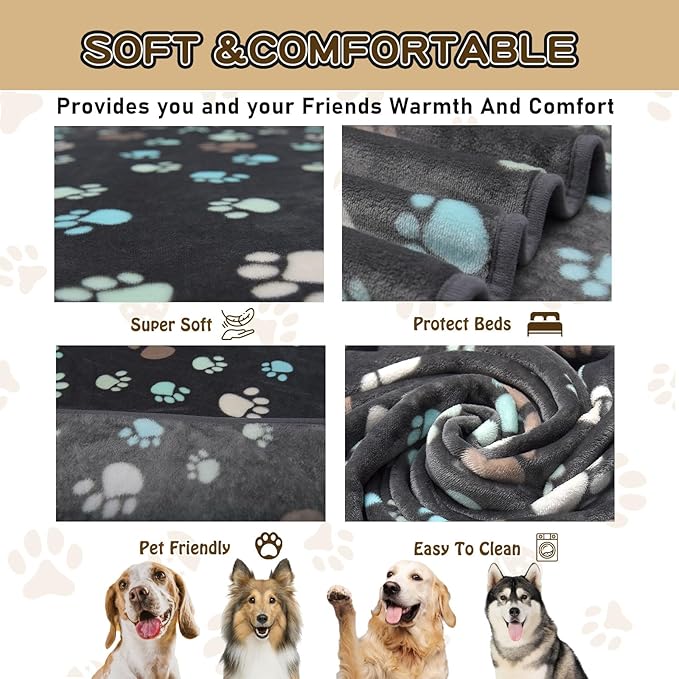 Rezutan Upgraded Dog Blankets for Large Dogs, Dog Cat Flannel Blankets Washable, Soft Pet Mat Throw Cover for Kennel Crate Bed, Cute Paw Pattern, Dog Blanket, Pet Blanket (Grey 50" x 60")