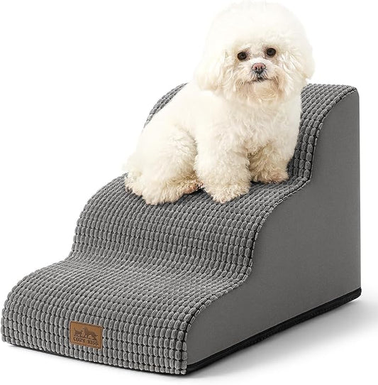 Dog Stairs for Small Dogs 15.7" H, Curved Dog Step for Puppy, Older Cat, Medium Pet Ramp for Sofa, Couch or Chair, Ladder with High Density Foam, 3 Step, 15.7x22.4x15.7 inch, Dark Grey