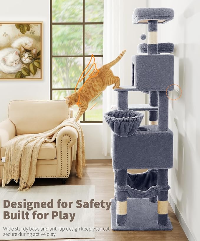 AMHANCIBLE Tall Cat Tree, 70 Inch Cat Tower for Indoor Cats, Multi-Level Cat Tree with Scratching Post, Hammock, Hanging Basket, Large Cat Condos for Adult Cats Kittens, Grey, PT18GY
