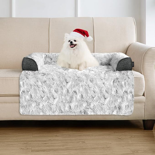 Calming Small Dog Bed for Couch, 35 x 31 inch Removable Couch Cover for Dogs Washable, Non-Slip Fluffy Plush Dog Sofa Mat for Furniture Protector - Grey
