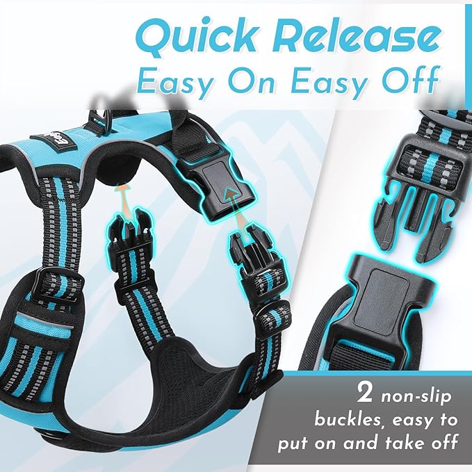 Eagloo Dog Harness Medium Sized Dog, No Pull Service Vest with Reflective Strips and Control Handle, Adjustable and Comfortable for Easy Walking, No Choke Pet Harness with 2 Metal Rings, Sky Blue, M
