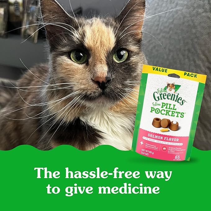 Greenies Feline Pill Pockets for Cats Soft Cat Treats, Salmon Flavor, 3 oz. Pouch, 85 Count