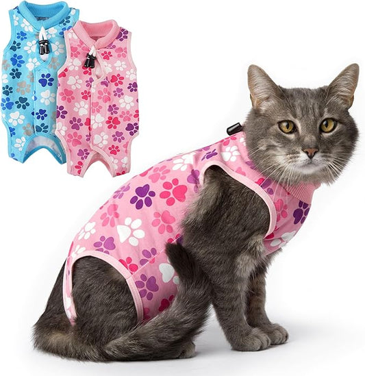 COZYDOODZ Cat Recovery Suit – Soft Breathable Cat Onesie for Female & Male Cats After Surgery, Spay, Neuter or Wounds, Cat Surgery Suit, Recovery Suit for Cats, Cone Alternative, Pink Paw Print