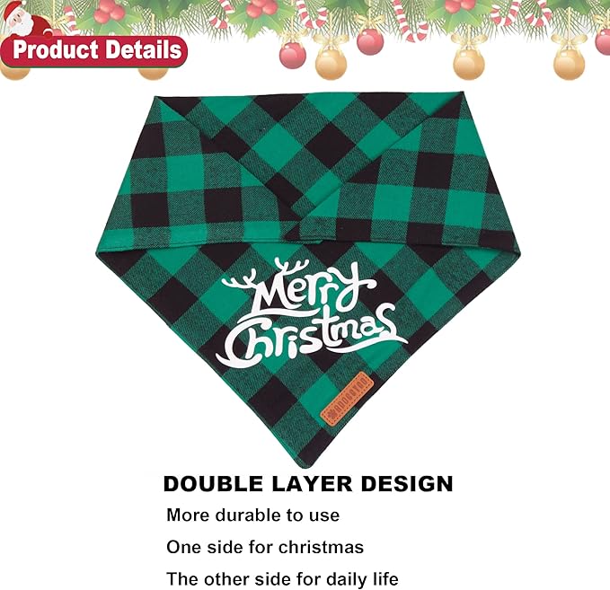 ADOGGYGO Christmas Dog Bandanas, Classic Red Green Plaid Xmas Scarf Triangle Bib, Multiple Sizes Offered, Merry Bandanas for Medium Large Dogs (Large)