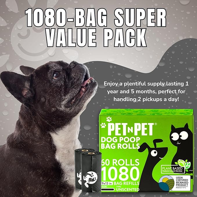 Pet N Pet 1080 Counts Black Poop Bags for Dogs, 41% Plant Based & 59% PE Extra Thick Dog Poop Bags Rolls, 9" x 13", Unscented Pet Waste Bag