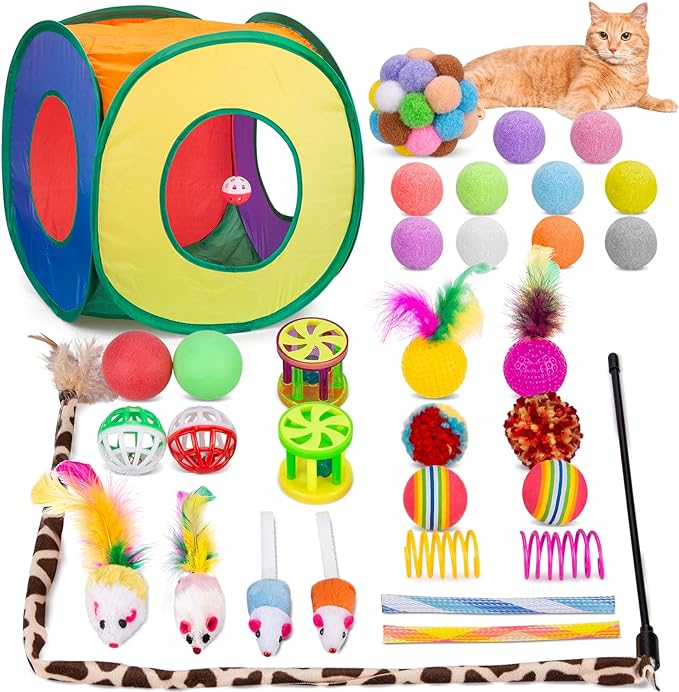 Retro Shaw Cat Toys Pack 33Pcs, Interactive Kitten Toys for Indoor Cats Kitty with Collapsible Play Tunnel Tube Tent Feather Wand Teaser Bell Fuzzy Ball Springs Mouse Toy
