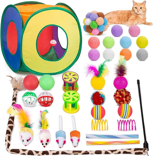 Retro Shaw Cat Toys Pack 33Pcs, Interactive Kitten Toys for Indoor Cats Kitty with Collapsible Play Tunnel Tube Tent Feather Wand Teaser Bell Fuzzy Ball Springs Mouse Toy