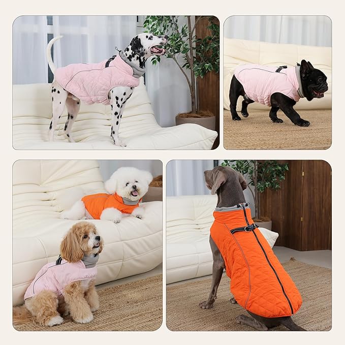 Dog Coat with Harness Built in -Orange,Small- Fleece Lined Dog Snow Jacket Snowsuit，Adjustable Reflective Winter Warm Cold Weather Coat