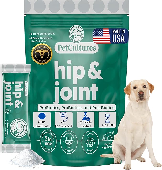 PetCultures Hip & Joint Tribiotic Dog Supplement Powder – Glucosamine, Chondroitin, MSM, and Gut-Joint Axis Support - Made in USA (30 Packs)