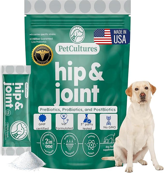 PetCultures Hip & Joint Tribiotic Dog Supplement Powder – Glucosamine, Chondroitin, MSM, and Gut-Joint Axis Support - Made in USA (30 Packs)