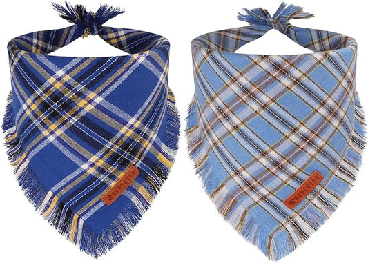 ADOGGYGO Dog Bandanas Boy with Tassels Edges, Stylish Blue Plaid Pet Scarf, Soft Cotton Fabric, Adjustable Reversible Plaid Bandanas for Extra Large Dogs (X-Large)