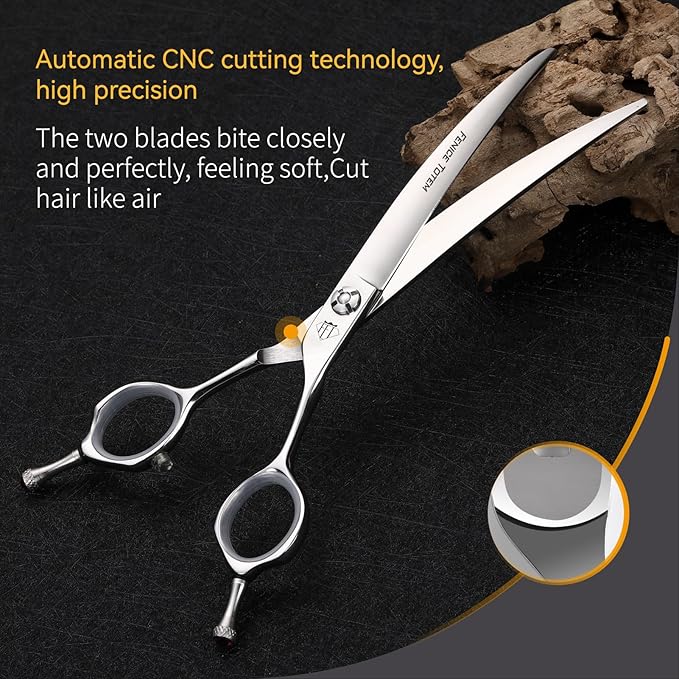 Dog Grooming Scissors: Professional Grooming Scissors for Pet High Precision CNC-Cut Blades, Silver (Curved, 7")