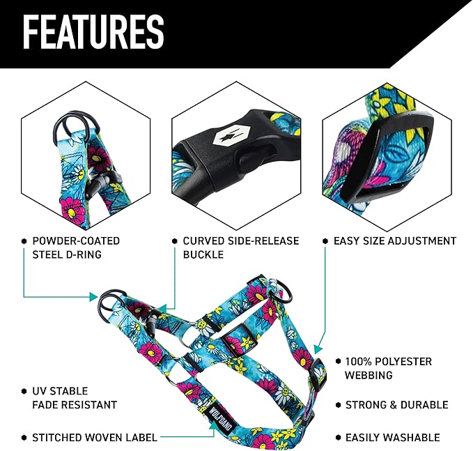 Wolfgang Heavy Duty Adjustable Dog Harness, Pull-Tested to Over 800 lbs for Walking & Training, LazyDaisy Print, Large