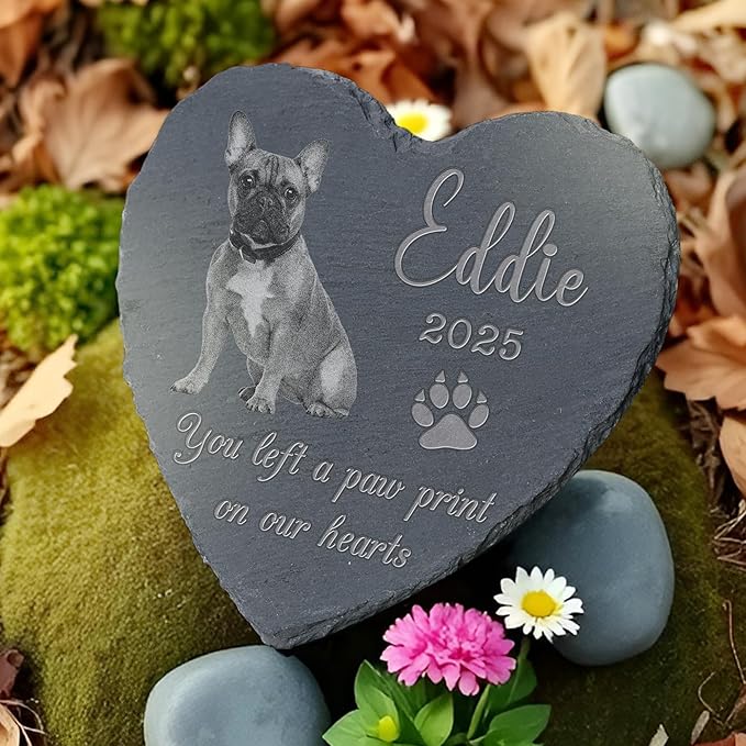 Pet Memorial Stone with Photo, Dog Memorial Gifts for Loss of Dog, Personalized Pet Memorial Gifts, Pet Loss Gift - Paw Print（Heart）