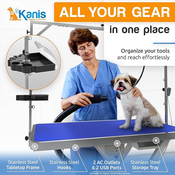 KANIS - 50" Professional Stainless Steel Dog Bathing Station, Left RAMP + 49" Professional Electric Dog Grooming Table, White