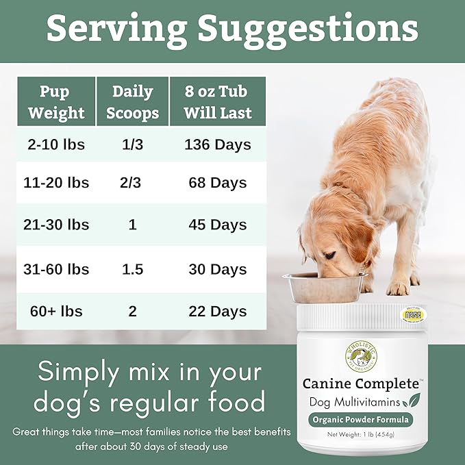 Wholistic Pet Organics Canine Complete - Dog Multivitamin Powder - 1 Lb - Daily Dog Vitamins and Supplements for Homemade Food - Immune System, Skin, Coat & Overall Health - All Breeds - 45 Scoops