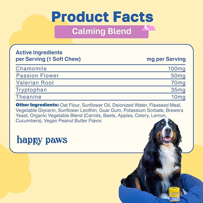 Happy Paws Calming Chews for Dogs, Relaxation & Anxiety Support for All Breeds & Ages, Dog Sleep Aid with L Theanine & Chamomile, Vegan Peanut Butter Flavor, Organic, Non GMO, 200 Soft Chews
