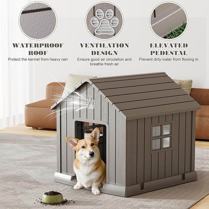 Fancyango Dog House Outdoor Indoor - Waterproof, Ventilated, Easy to Clean, Elevated Floor for Small-Large Dogs, Easy to Assemble (Grey, 31" L x 33.3" W x 33.5" H)