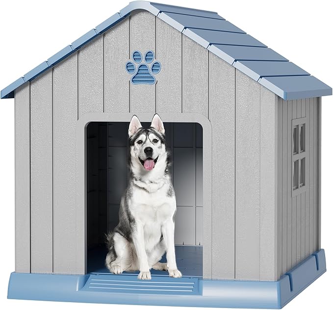 Fancyango Dog House Outdoor Indoor - Waterproof, Ventilated, Easy to Clean, Elevated Floor for Small-Large Dogs, Easy to Assemble (Blue, 37.2" L x 40" W x 40" H)