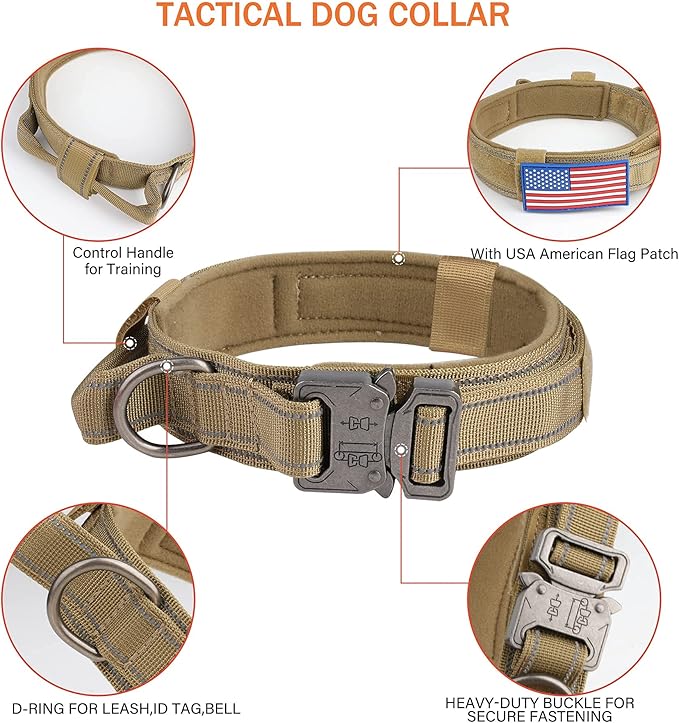 KCUCOP Tactical Dog Collar for Medium & Large Dogs - Military Nylon Heavy Duty Collar with Handle, Reflective Strip & Metal Buckle for Training, Outdoor (Brown Reflective, Large)