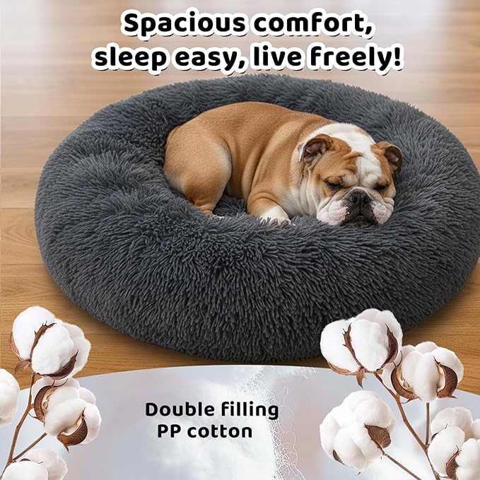 Donut Pet Bed for Medium Size Dog, Round Calming Soft Cat Cuddler,Anti Anxiety Cozy Soft Sofa,Fluffy Faux Fur Plush Cushion-31''-Dark Grey