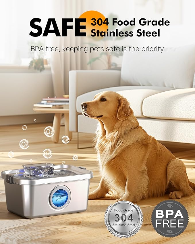 Cat & Dog Water Fountain, 2 Gallon 304 Food Grade Stainless Steel Pet Water Fountain, Ultra Quiet Dog Water Bowl Dispenser, Safety Lock, 3 Replacement Filters, Smart Water Pump Protection