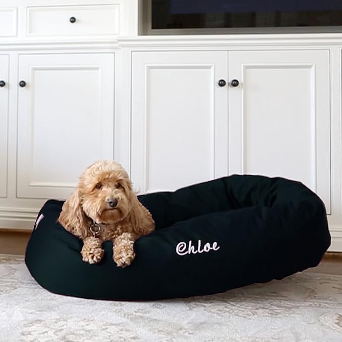 Majestic Pet Personalized 52 Inch Bagel Calming Dog Bed Washable – Cozy Soft Round Dog Bed with Spine Support for Dogs to Rest Their Head - Fluffy Donut Dog Bed 52x35x11 (Inch) - X-Large – Black