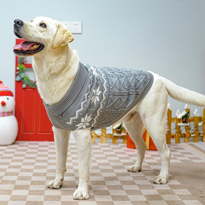 Warm Winter Dog Sweater - Cold Weather Pet Clothes for Small Medium Large Dogs Indoor Outdoor, Soft Classic Knit Puppy Apparel, Grey, L