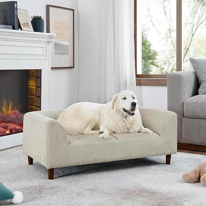 Dog Sofa Bed for Medium Dogs with Backrest and Armrest, Memory Foam Dog Sofa Couch, Modern Elevated Pet Couch Bed with Wooden Legs, Beige