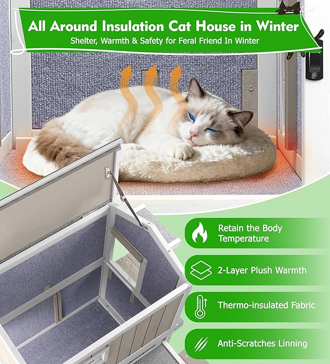 2 Story Insulated Outdoor Cat House Weatherproof Feral Cat Shelter for Winter Outside Cat Houses for 2-3 Cats Indoor Pets Condo with Waterproof Roof & Escape Door, 6.3" Raised Base & Balcony