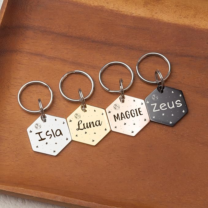 Anavia Small Size Dog Cat ID Tags, Small/XS Personalized Color Plated Stainless Steel Puppy Kitten Name Tags, Customized Engraved Nameplate Pet Collar Tag (Rose Gold, Hexagon)