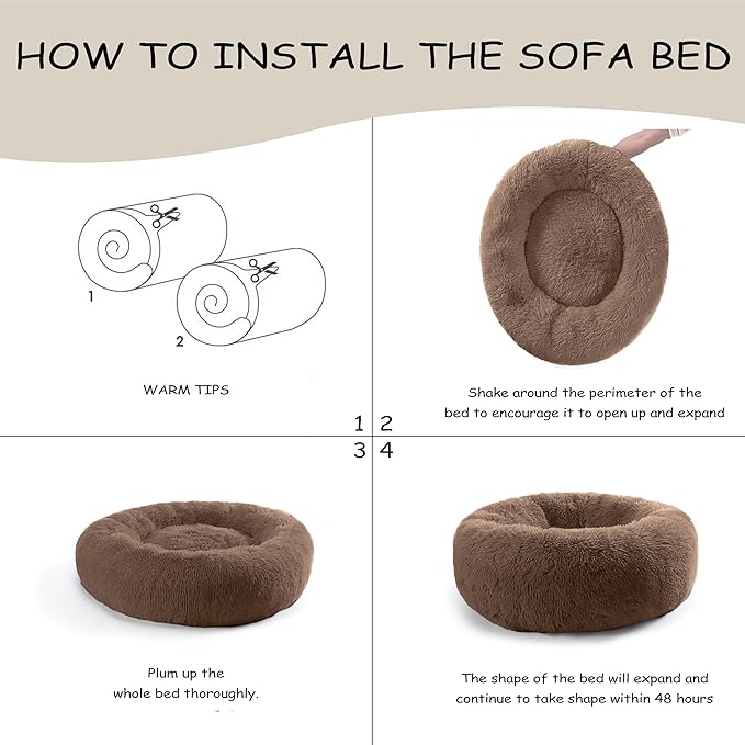 23'' inch Calming Dog Bed, Plush Anti-Anxiety Donut Dog Bed for Small Dogs, Warming Cozy Soft Cute Round Washable, Marshmallow Cuddler Nest Pet Bed, Brown