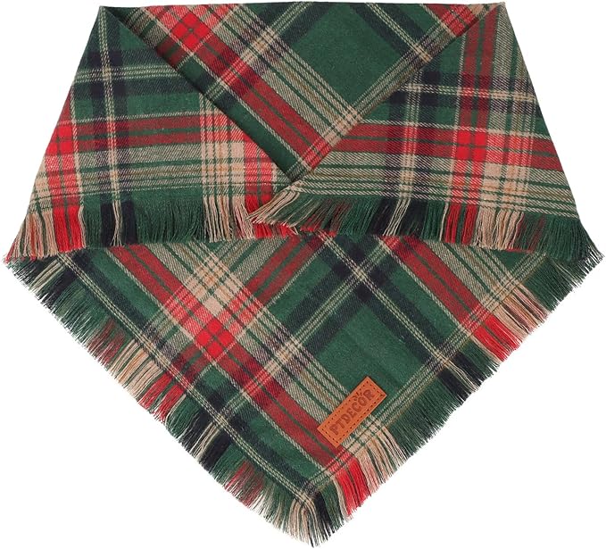 PTDECOR Christmas Dog Bandanas with Tassels Edges, 2 Pack Red Green Plaid Scarf Bib, Reversible Triangle Xmas Bandanas for Medium Large Dogs Pets (Large)