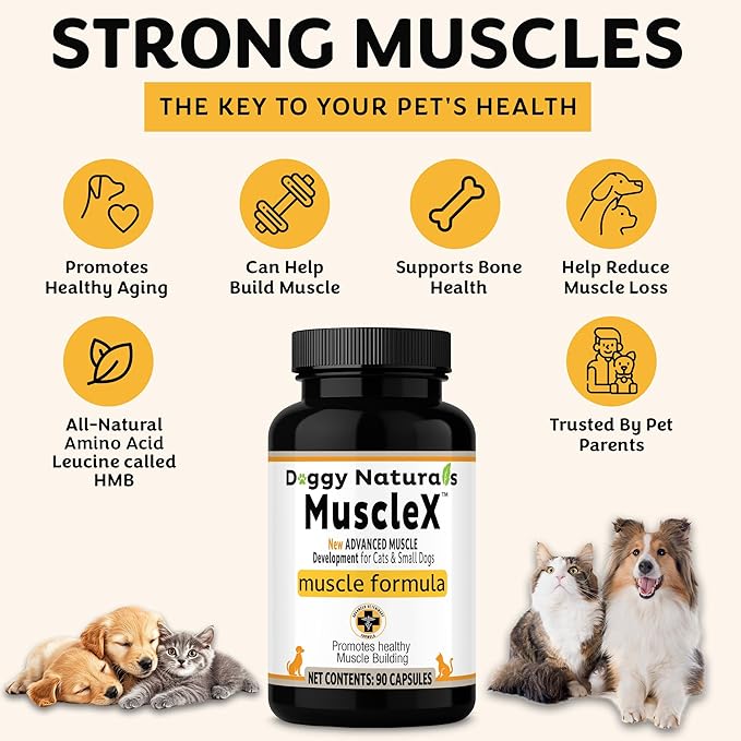 MuscleX™ Canine Muscle Formula Cats & Small Dogs with 300 mg CaHMB & Vitamin D3 - Natural Muscl Building Formula-Helps Reduce Muscle Loss Due to Normal Aging & Improves Recovery from Injury(180 Caps)