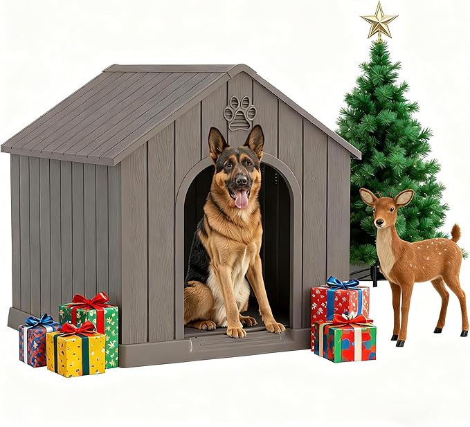 Fancyango Large Dog House Outdoor Indoor for Medium Large Dogs, Sturdy Plastic Waterproof Doghouse with Air Vents and Elevated Floor, Easy Clean and Assemble (Grey, 36.2''L×38''W×38''H)