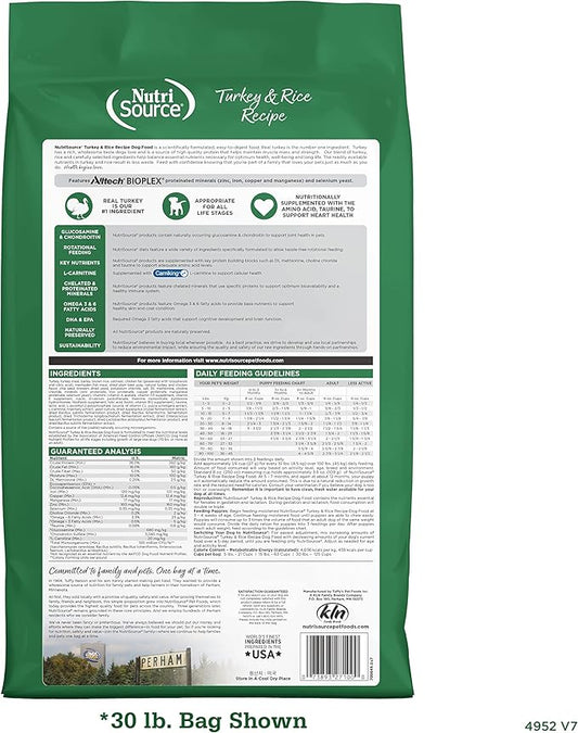 NutriSource Dog Food, Made with Turkey & Rice, with Wholesome Grains, 30LB, Dry Dog Food