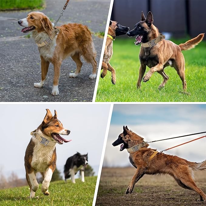 KCUCOP Tactical Dog Collar for Medium & Large Dogs - Military Nylon Heavy Duty Collar with Handle, Reflective Strip & Metal Buckle for Training, Outdoor (Brown Reflective, Large)