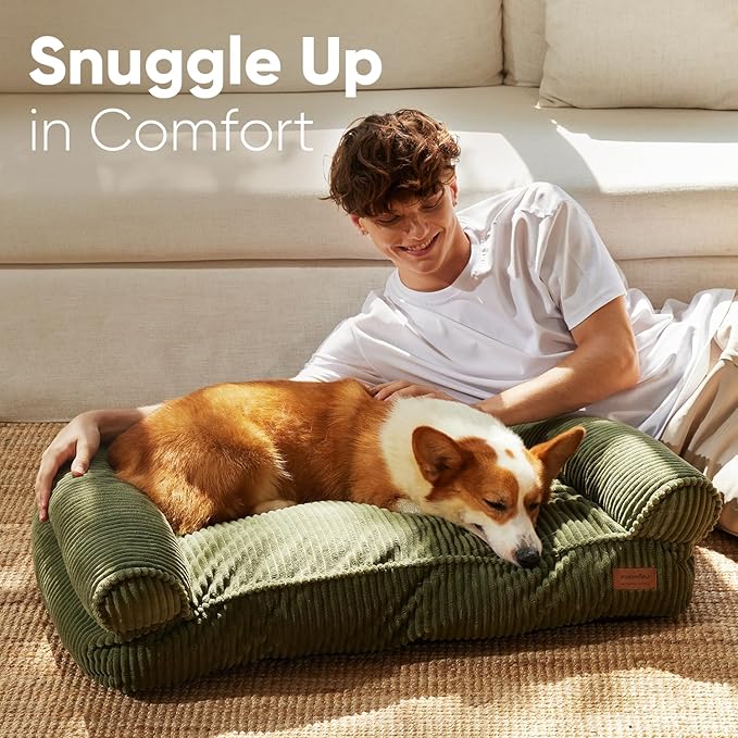 FUKUMARU Cute Dog Bed, Waterproof Corduroy Dogs Couch, 36in Orthopedic Pet Sofa for Medium to Large Dogs Dog, Warm Cotton Pet Bed with Washable Cover, Large, Green