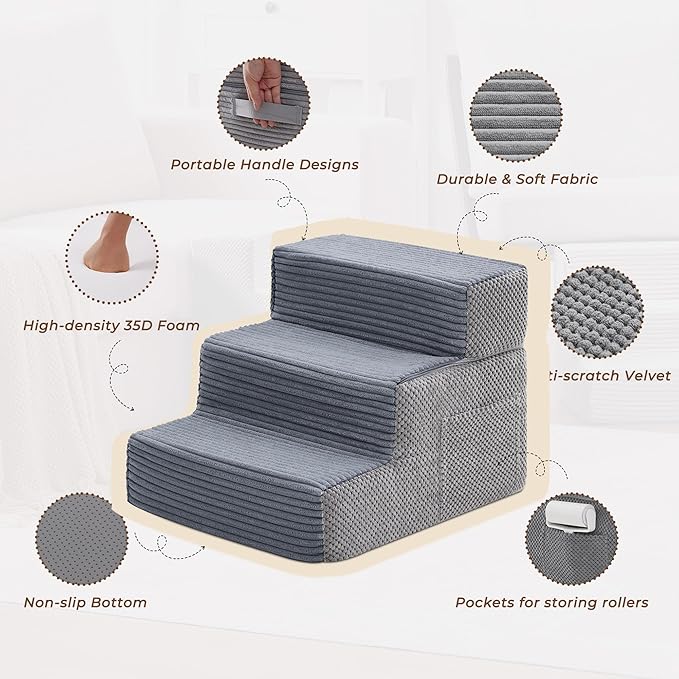 HYLEORY Dog Stairs for Bed 13.5''H, 3-Step Pet Stairs for Small Dogs Cats, Sturdy Pet Steps with Non-Slip Bottom, Functional Portable Dog Ramp for Couch/Chair/Sofa/Car, Storage Pocket, Grey-Light Grey