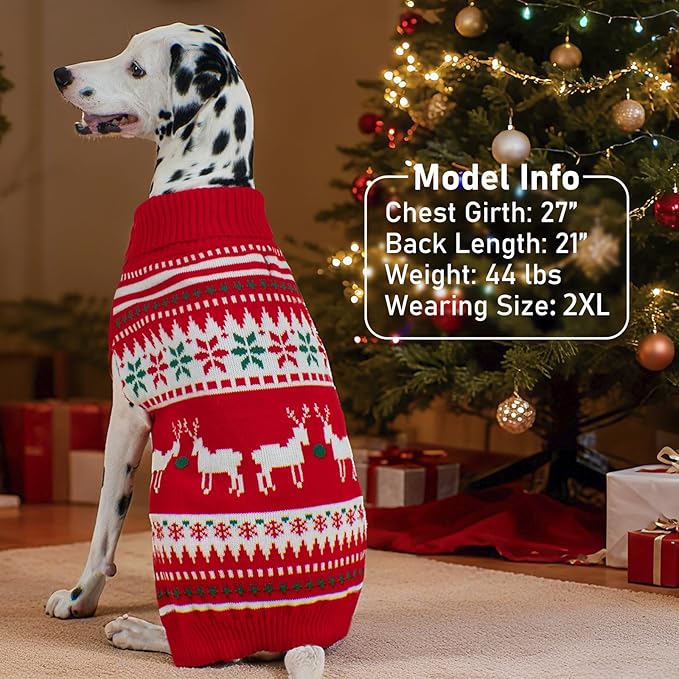 KYEESE Dog Christmas Sweater, Warm Turtleneck Dog Sweater for Small Dogs Boy Girl with Snowflake & Reindeer Pattern, Cozy Winter Doggie Knitwear with Leash Hole, Festive Holiday Outfit, Medium