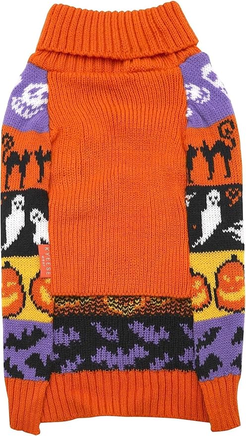 KYEESE Halloween Dog Sweater for Large Dogs Festive Pumpkin and Ghost Pattern Thick Knitted Turtleneck with Leash Hole Warm and Comfortable Dog Clothes Cozy Halloween Warm Pet Outfit, XXX-Large