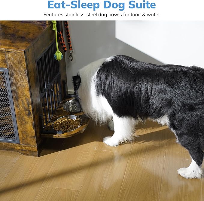 Petrova Dog Crate Furniture, 34inch Wooden Dog Kennel Indoor for Small Dogs, Heavy Duty Dog Cage with 2 Stainless Steel Food Bowls, Led Light, 4 Hooks, Hidden Decorative Pet Cage