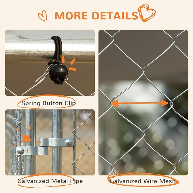 PawHut Outdoor Dog Kennel, Heavy Duty Dog Run Outdoor Fence with Waterproof Cover, Galvanized Chain Link, Secure Lock, for Large Breeds, Chickens, Ducks, 13' x 13' x 7.5'