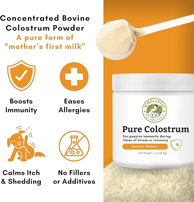 Wholistic Pet Organics Bovine Colostrum Powder - 1 Oz - Seasonal Dog Allergy Relief - Itch Relief for Dogs - Natural Anti Itch Supplement for Dogs - Made in USA - Alternative to Dog Allergy Chews