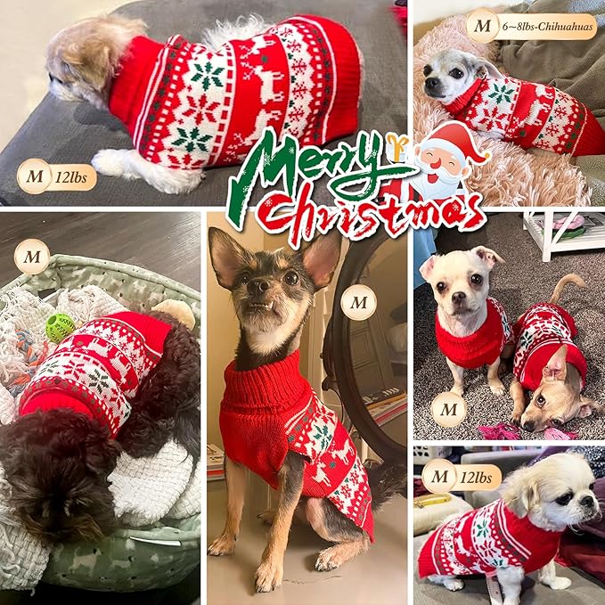 KYEESE Dog Christmas Sweater, Warm Turtleneck Dog Sweater for Small Dogs Boy Girl with Snowflake & Reindeer Pattern, Cozy Winter Knitwear with Leash Hole, Festive Holiday Outfit, Small