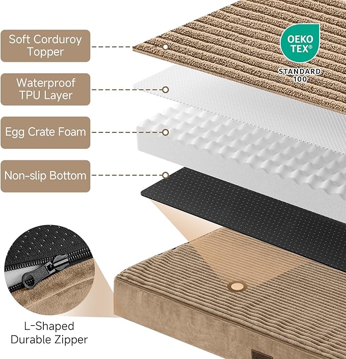 OhGeni Orthopedic Waterproof & Machine Washable Dog Bed for Large Pets, Suitable for Crates, Cat Mat with 25D Egg Crate Foam, Non-Slip Bottom & Removable Cover, 41 Inches(Coffee)