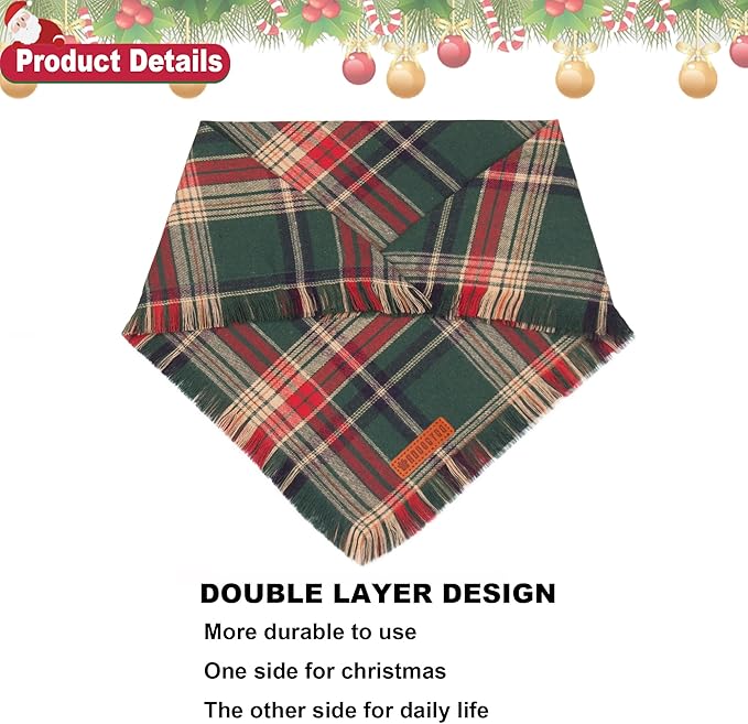 ADOGGYGO Christmas Dog Bandanas with Tassels Edges, Stylish Plaid Dog Christmas Scarf Bib, Multiple Sizes Offered, Plaid Bandanas for Large and Extra Large Dogs (X-Large)