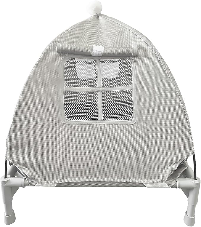 Love&go Elevated Dog Bed with Metal Frame, Cooling Raised Pet Cot for Dog and Cat (Small-18.5x18.5x5.5 inch, S - Grey Bed+Mat+Canopy)